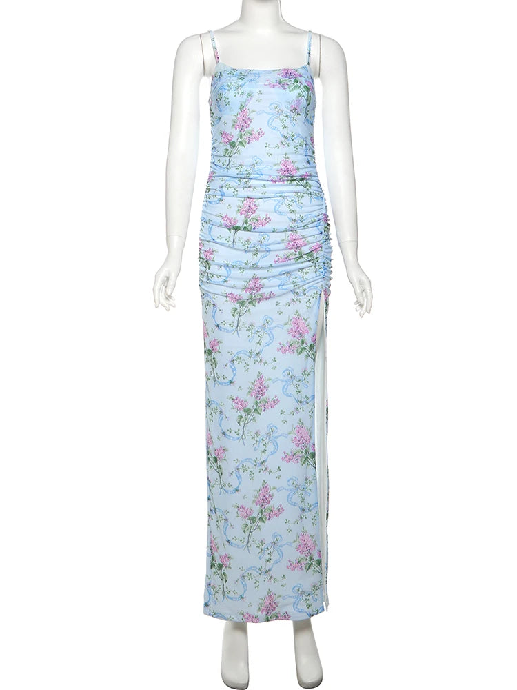 Flower Print Dress Side Slit Shirring Spaghetti Strap Slim