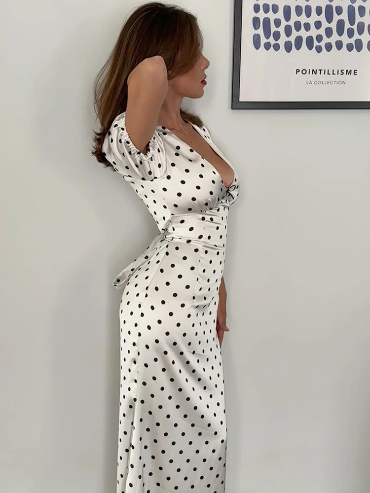 White Polka Dot Short Sleeve Slim Maxi Dress