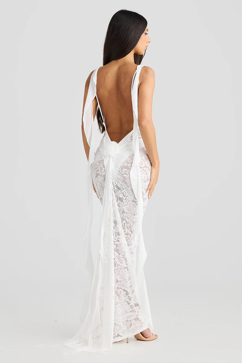 Lace See Through Camisole Maxi Dress For Ribbons Sleeveless Backless Slim Bodycon Long Dress Ladies Robes