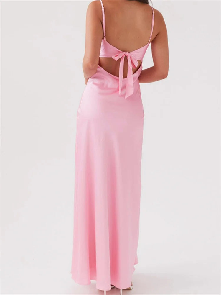 Dress Color Sleeveless Strap V-neck Front Tie-Up Backless Long Dress Slim