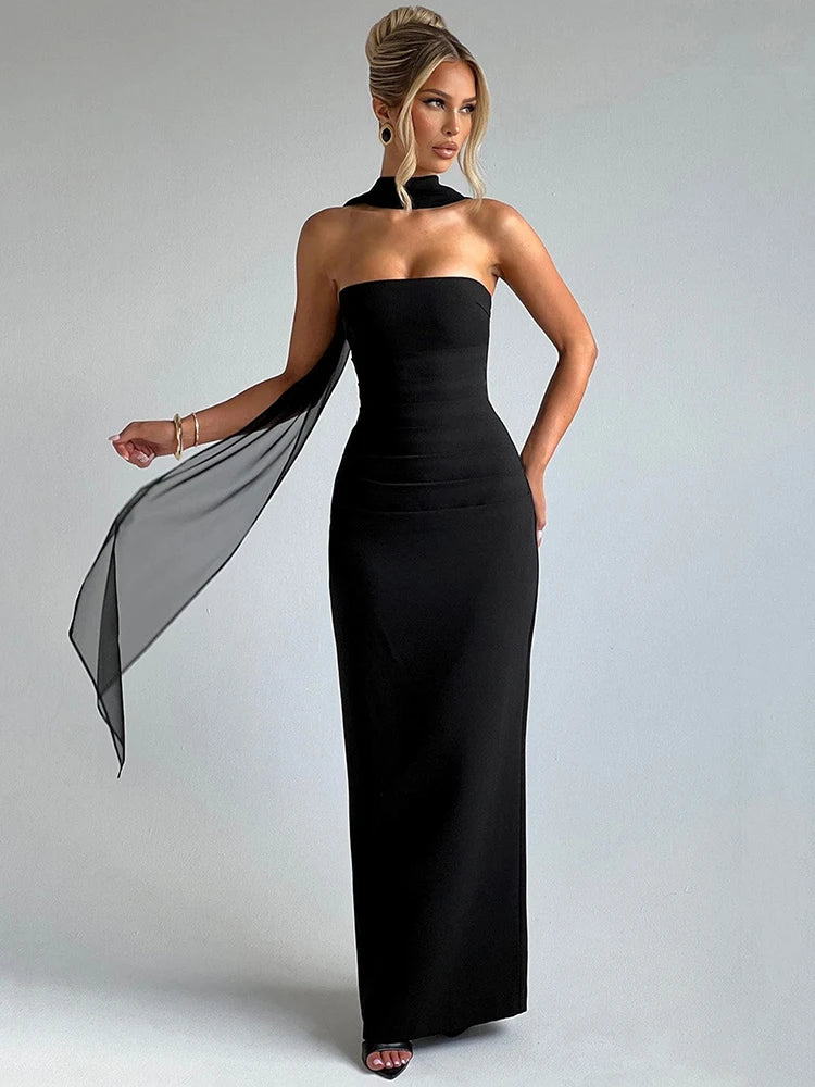 Scarf Collar Backless Bodycon Maxi Dress