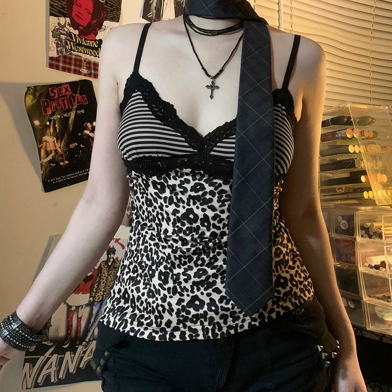 Striped Leopard Print Slim Camisole V-Neck Backless Top Lace Patchwork Retro Bow Vest
