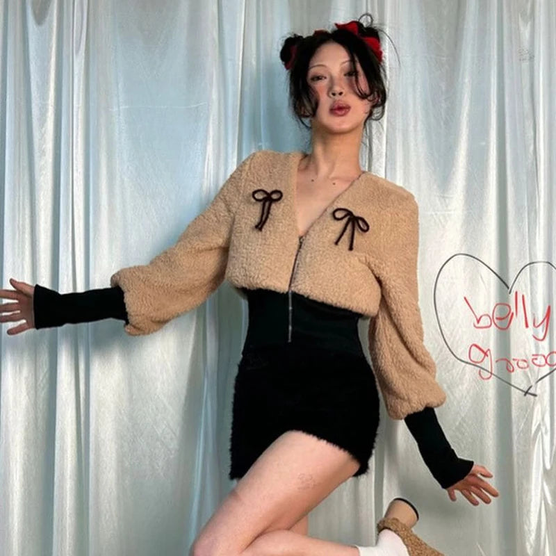 Bow V-Neck Long-Sleeve Jacket Lamb Wool Wait Slimming Top