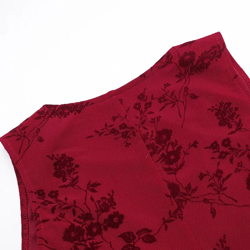 Printed Deep V Long Dress Floral Contrast Color Sleeveless Waist Slim Dress Long Dress