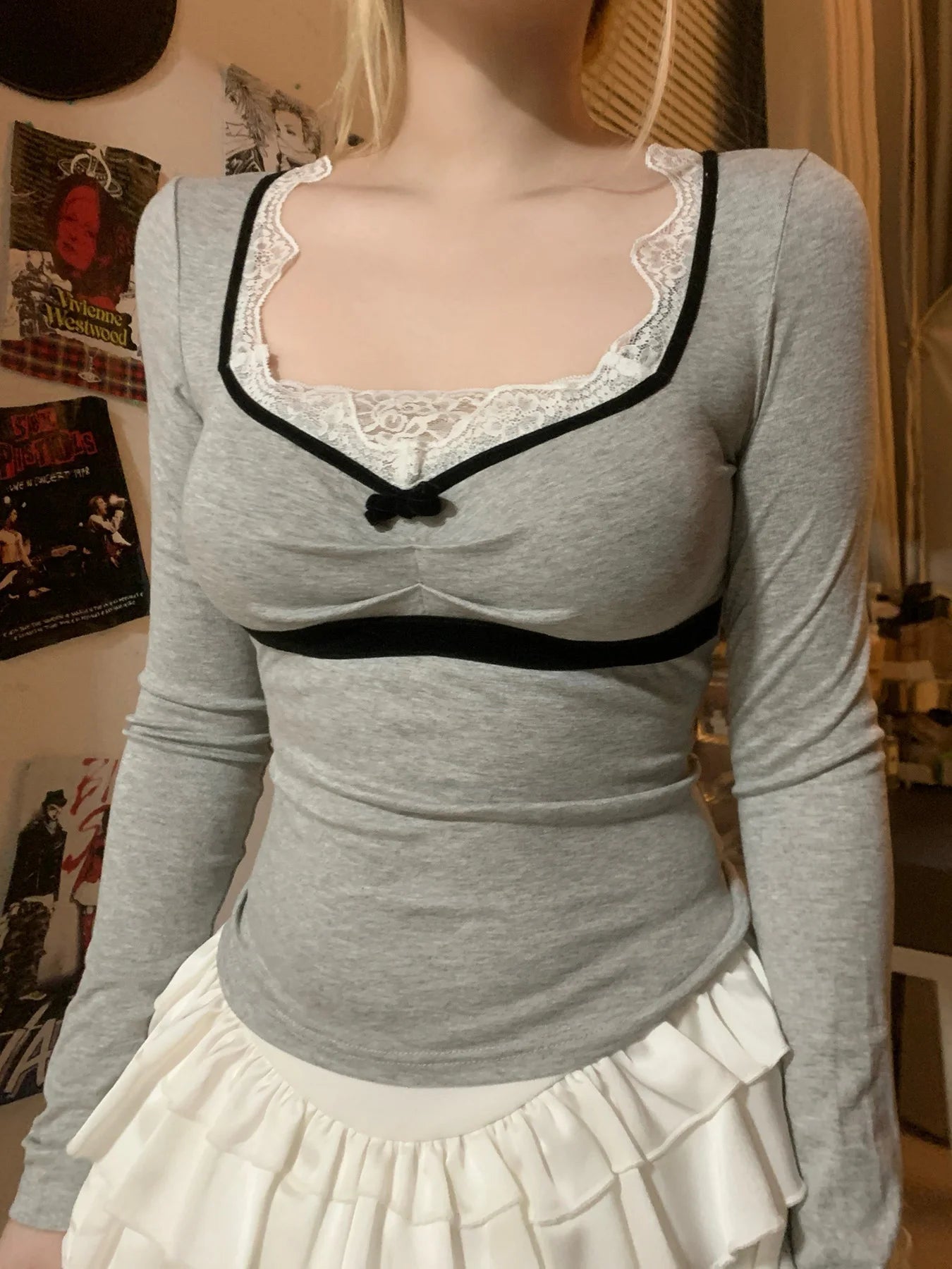 Lace Patchwork Slim Tee Shirts Long Sleeves V-neck s Bows Top