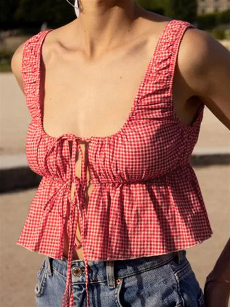 Low Cut Tie-up Tank Top Sleeveless Square Neck Plaid Print Camis Crop Top 2024