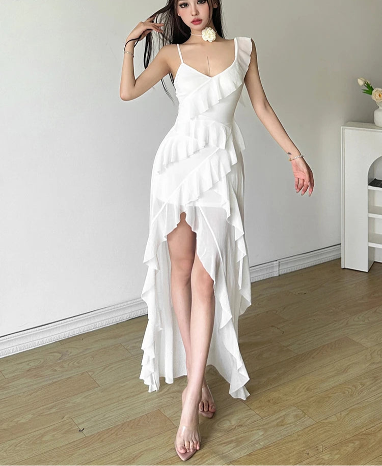 White Ruffles Long Sling Dress