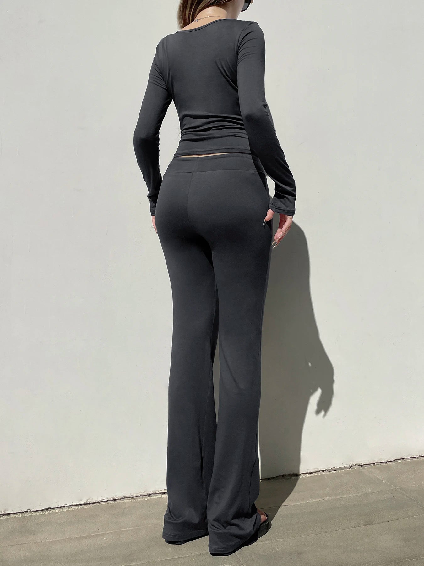 V-neck Top Full Length Pants Drawstring Suits Simple Slim Long Sleeves Low Waist