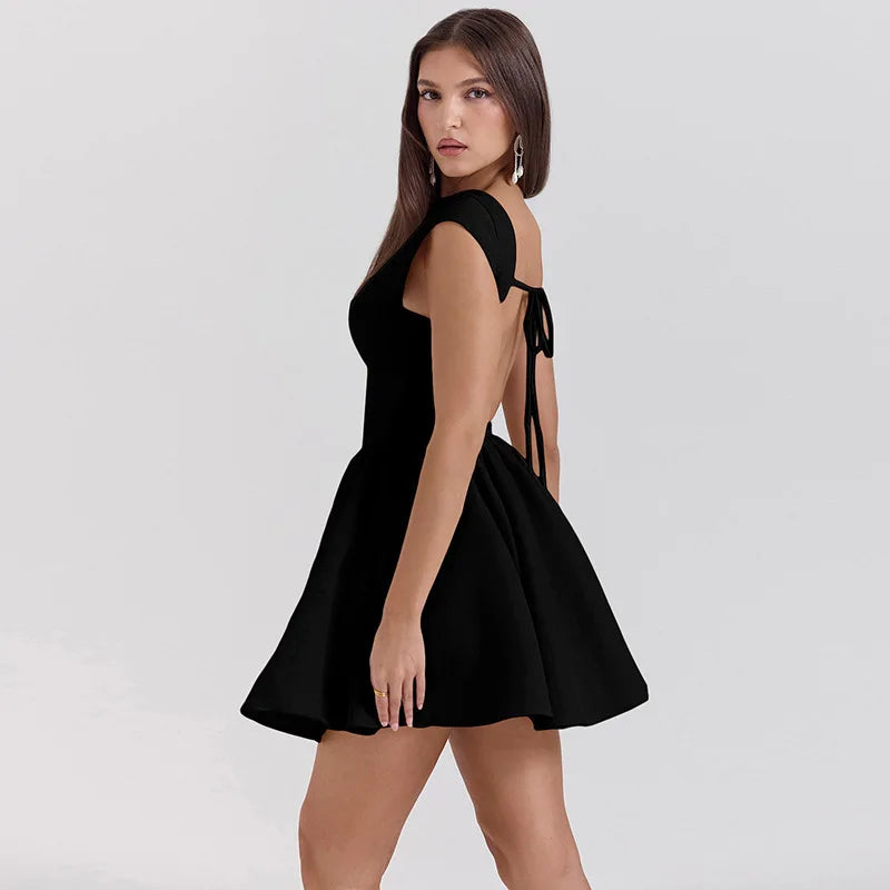 Backless A-line Dress Black Sleeveless High Waist Dress Slim