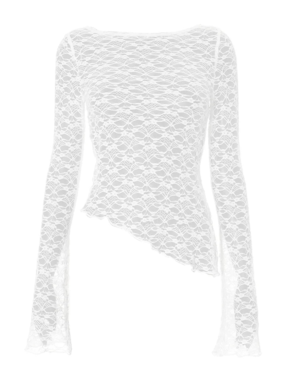 Lace Long Sleeve T Shirts Knitted Perspective Tees Tops Street Slim T-Shirt