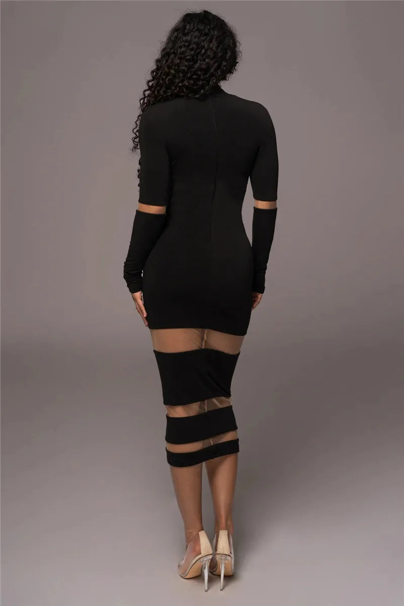 Patchwork Bodycon Midi Dress Turtleneck Long Sleeve Dress