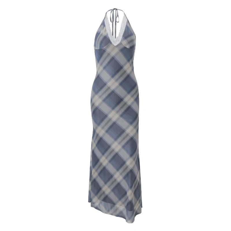 Blue Backless Plaid Maxi Dress