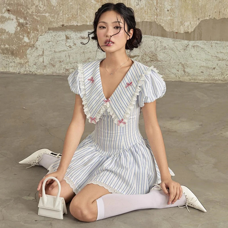 Blue Stripe Puff Sleeve A line Mini Dress