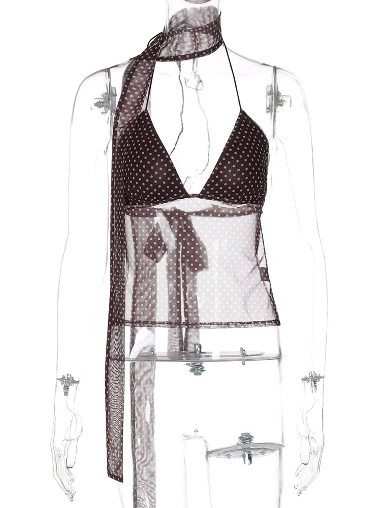 Polka Dots Deep V Neck T Shirt With Scarf Backless Stralpless Vest See Through Top