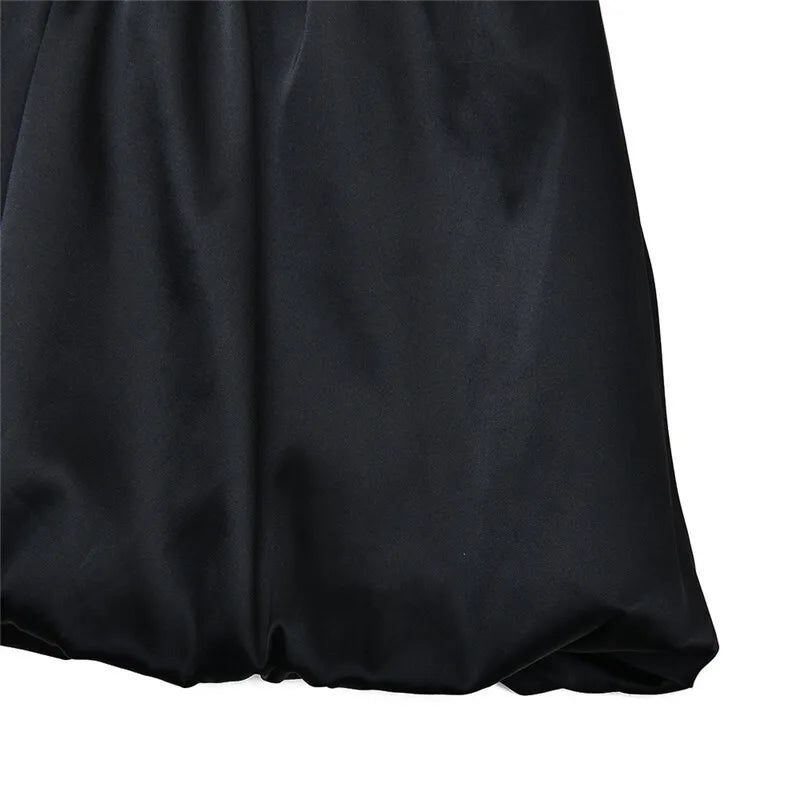 Black Lace Puffball Mini Dress Lace-up Sheer Long Flare Sleeve High Waist Dress