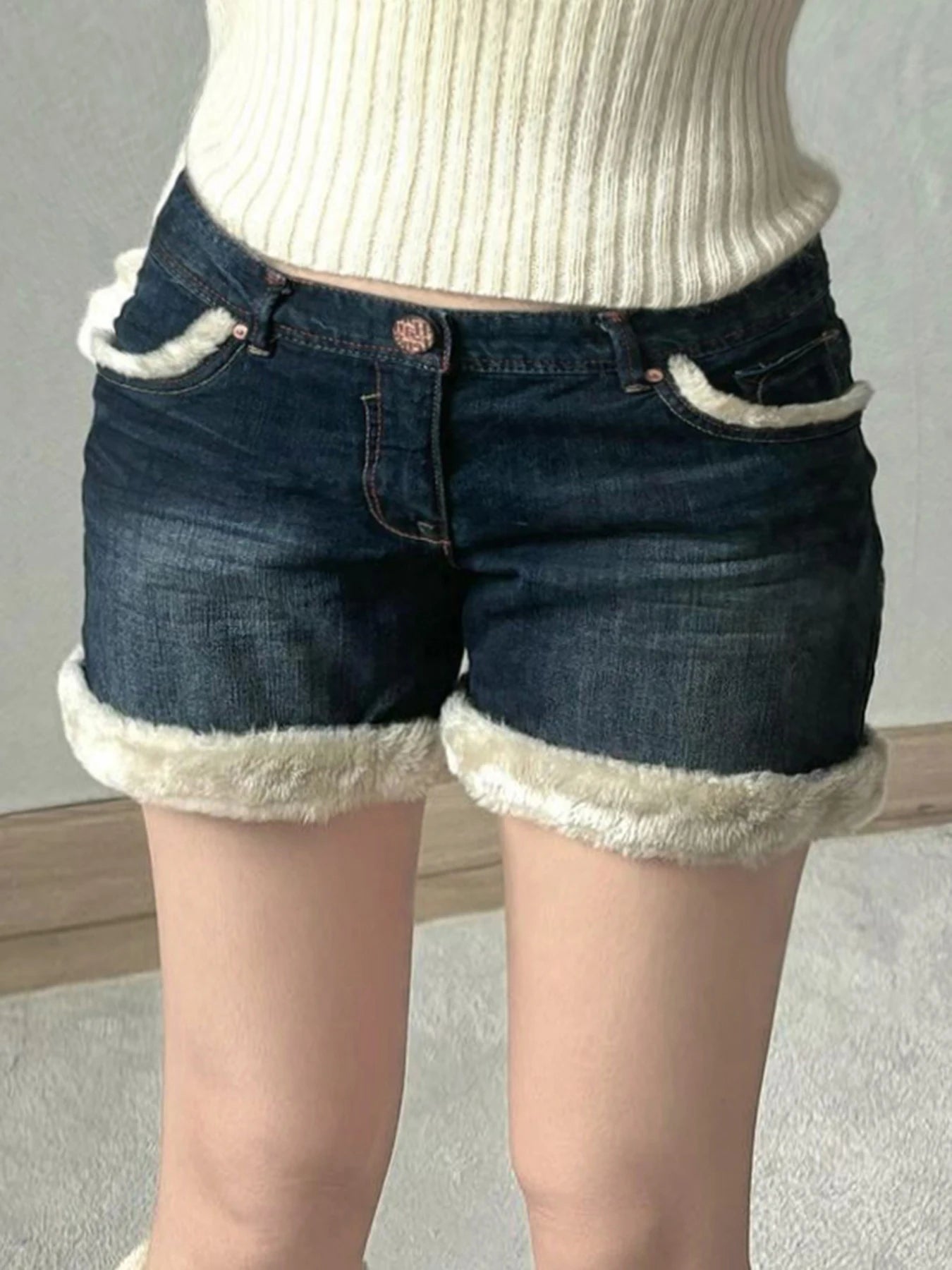 Fur Patchwork Denim Shorts Low Waisted Bottoms Cotton Pants