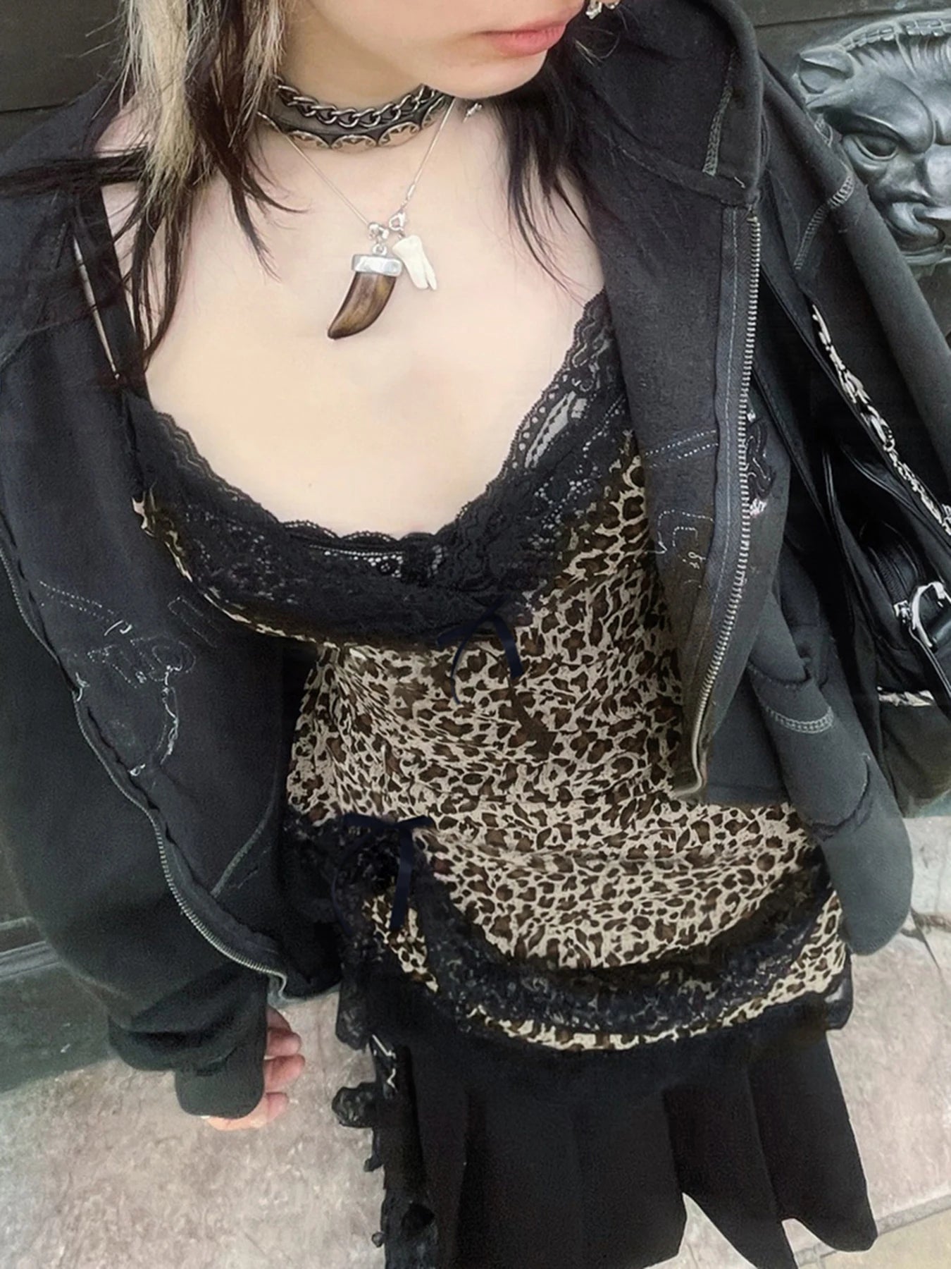 Lace Patchwork Camisole Leopard Print Backless Top V-neck Sleeveless Fairycore