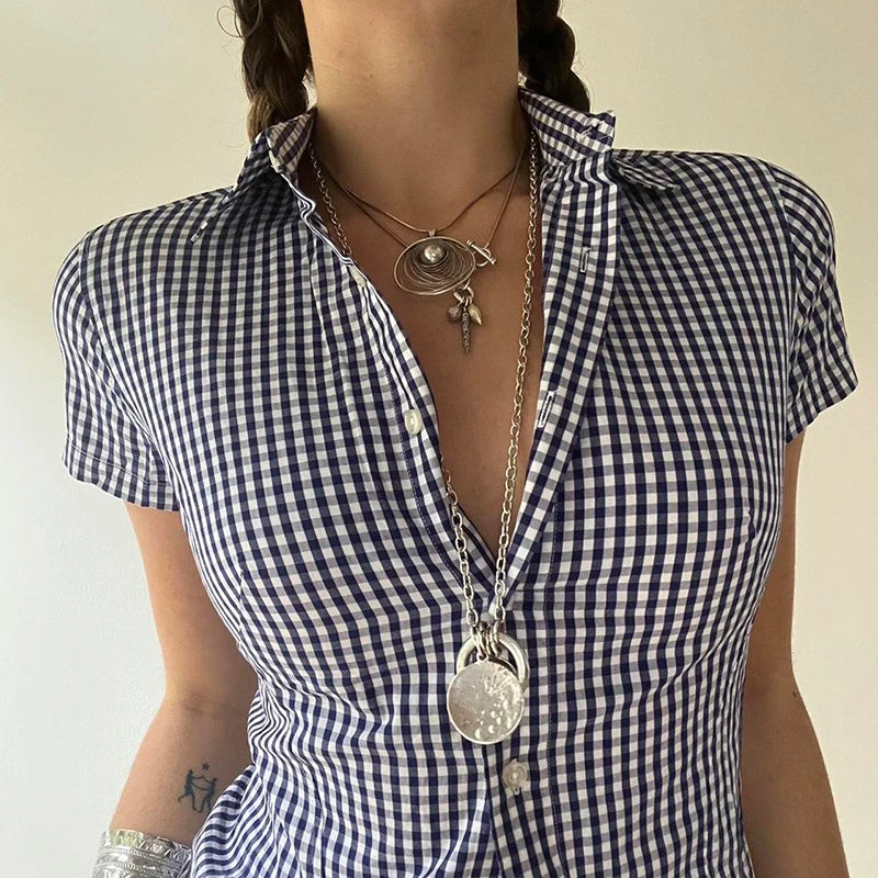 Plaid Bloue Button Up Short Sleeve Tuurn-down Neck Top