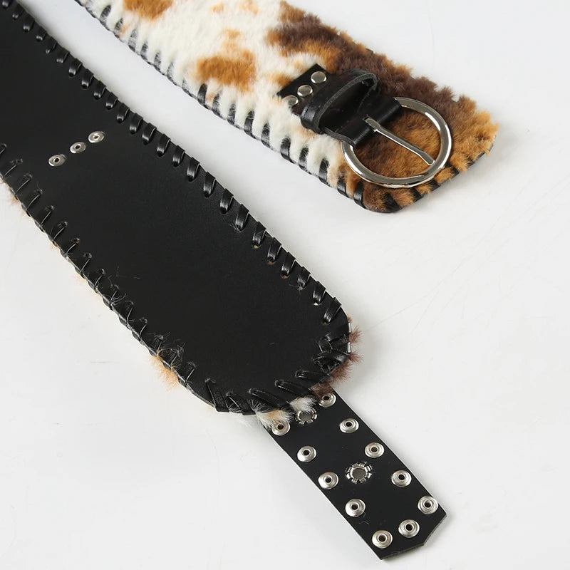 Cow Stripe Furry PU Belts Fairycore Grunge Leather Sashes Adjustable Accessories