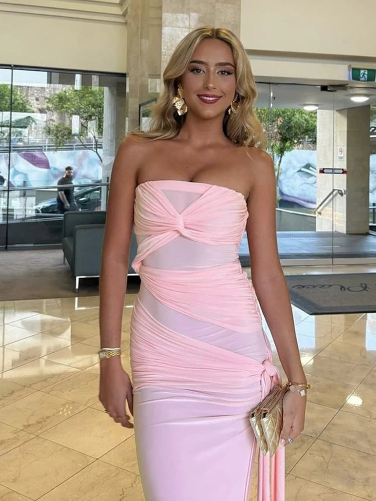 Backless Dress Ruched Chest Wrap Cross Bandage Sleeveless Tassel Street Slits Long Bodycon