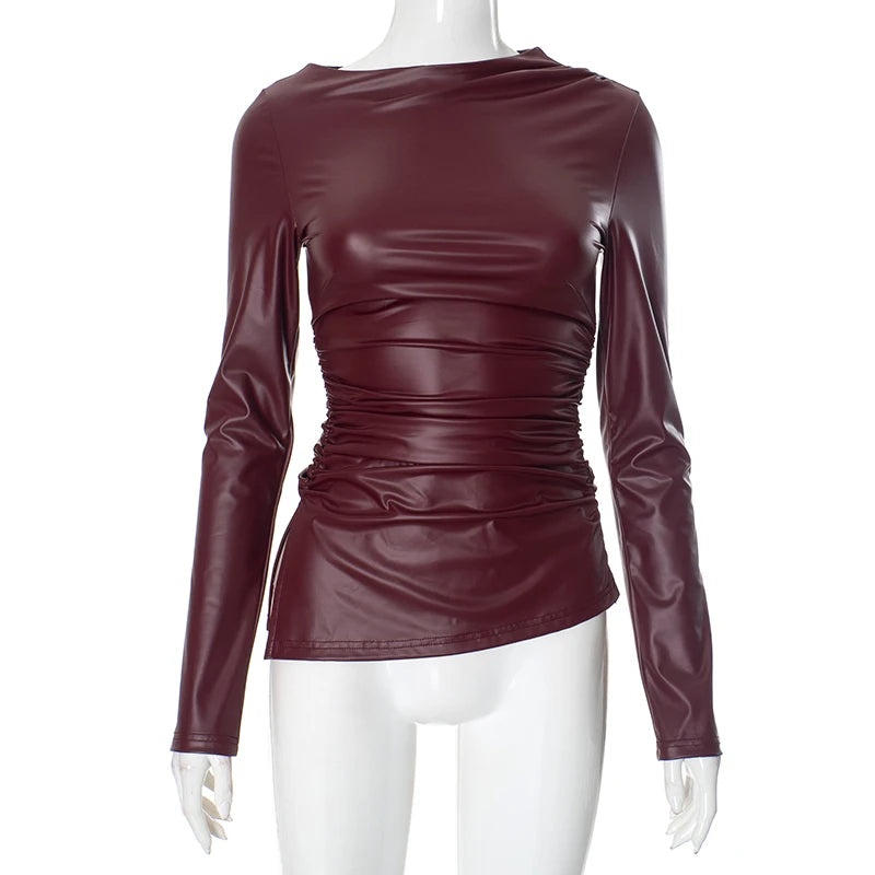 Round Neck Slim Leather Top Pleat Long Sleeve Leather Top