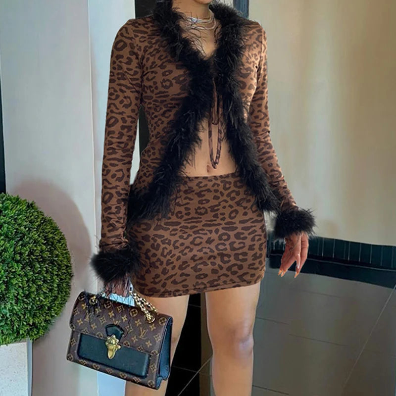 Leopard Print Two Pieces of Sets 's Lace-up Coats and Mini Skirts Long Sleeved