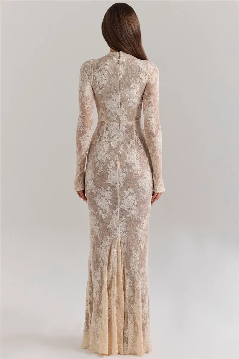 Lace Long Sleeve Maxi Dress White Zipper Half High Collar Bodycon Long Dress