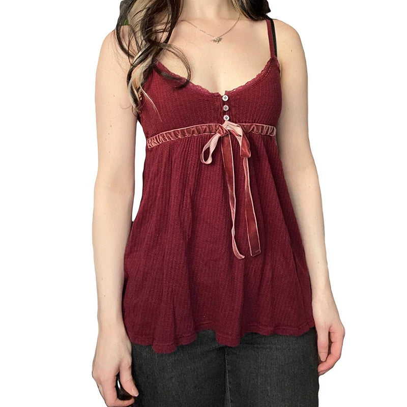 Bow Lace Camisoles Backless Red Top Sleeveless Buttons 's