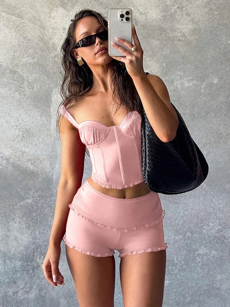 Classic 2 Piece Set Ruched Square Collar Sleeveless Crop Top Ruffles Shorts Fit Suits