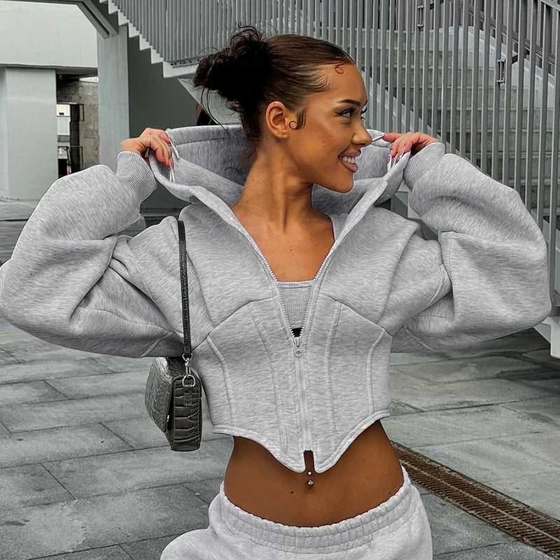 Long Sleeve Fleece Zipper Cardigan Hood Sweater Girdle Short Jacket