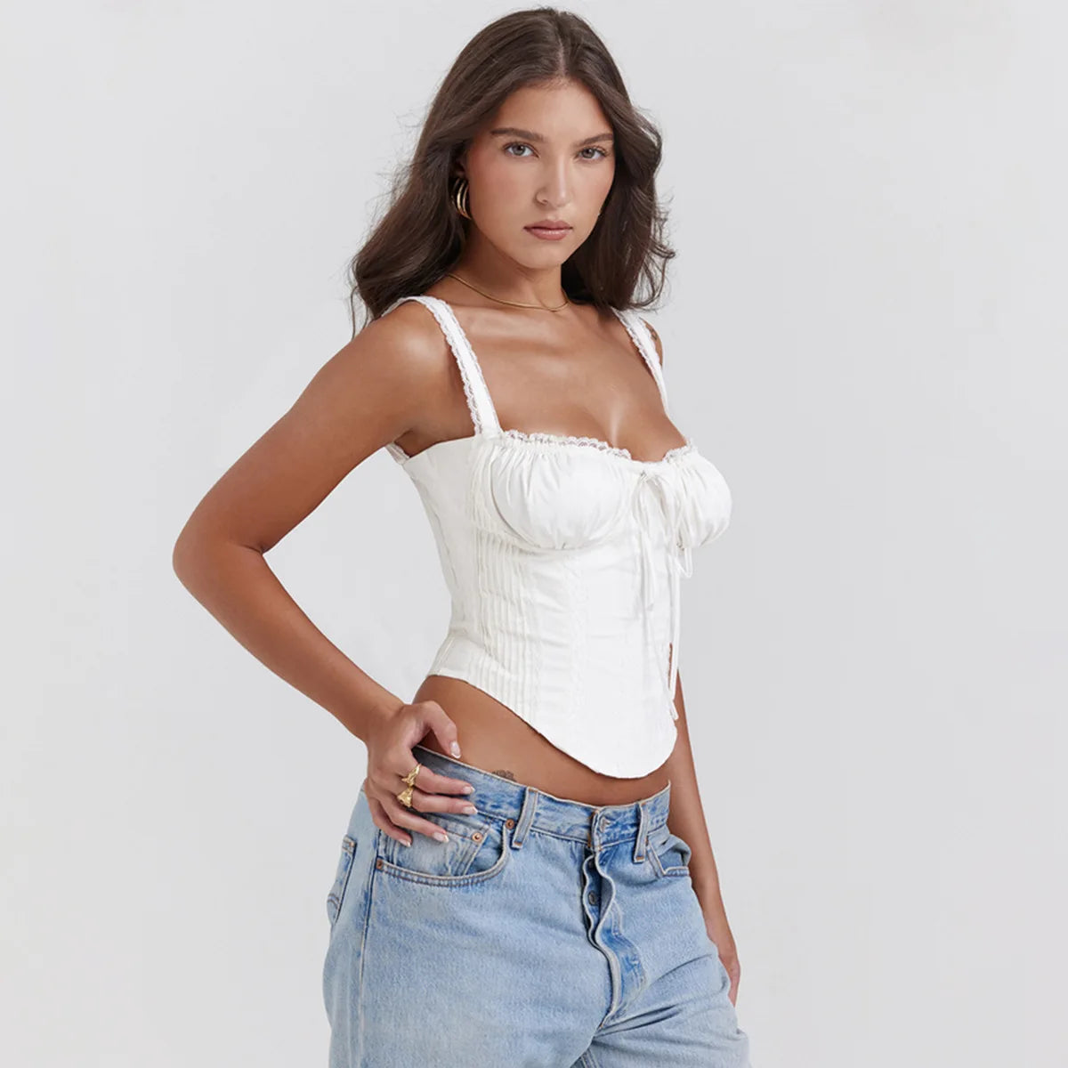 White Cropped Top Spaghetti Strap Lace Up Top Lovely Tanks & Camis