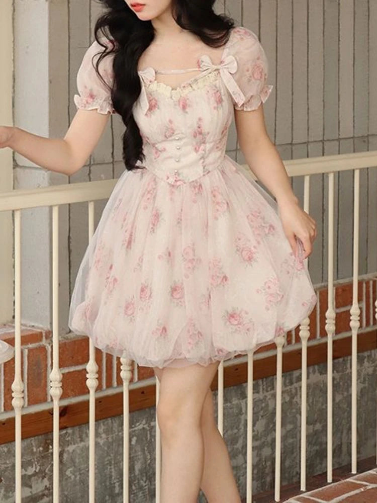 Floral Mini Dress Print French Fairy Dress Korean Cute Mini Dress