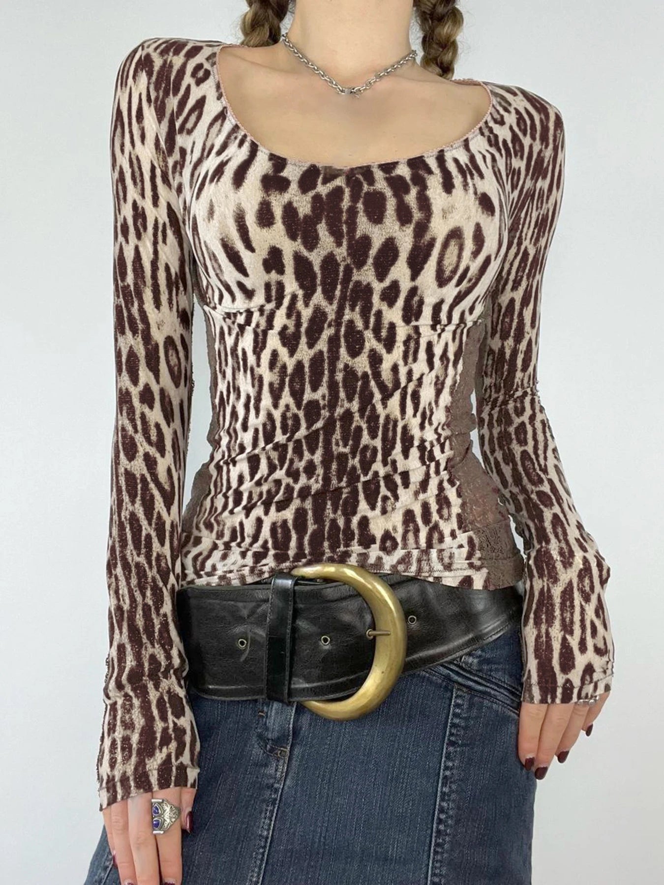 Leopard Print 's Top Tee Lace Patchwork Brown Slim Shirts Long Sleeves Crewneck