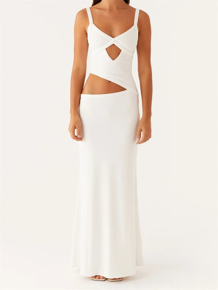 Dress Sleeveless Strap V-neck Backless Waist Front Hollow Out Dress Cocktail