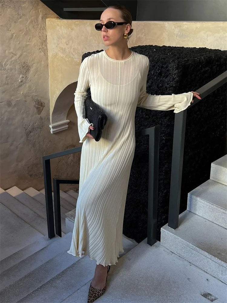 Knit Loose Maxi Dress Lace-Up High Waist Ribbed Long Sleeve Dress Knit Long Dress
