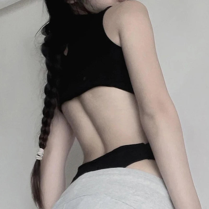 Hollow Out Black Bodysuits Backless Crewneck Sleeveless Slim