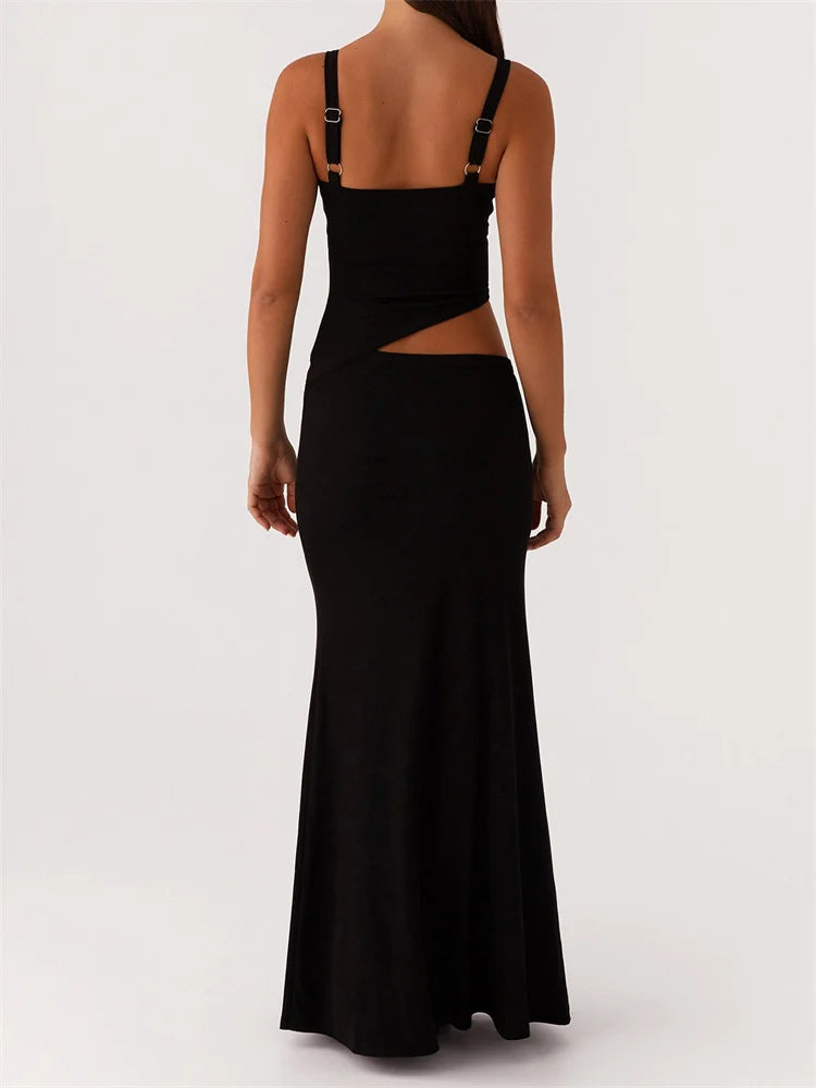 Dress Sleeveless Strap V-neck Backless Waist Front Hollow Out Dress Cocktail