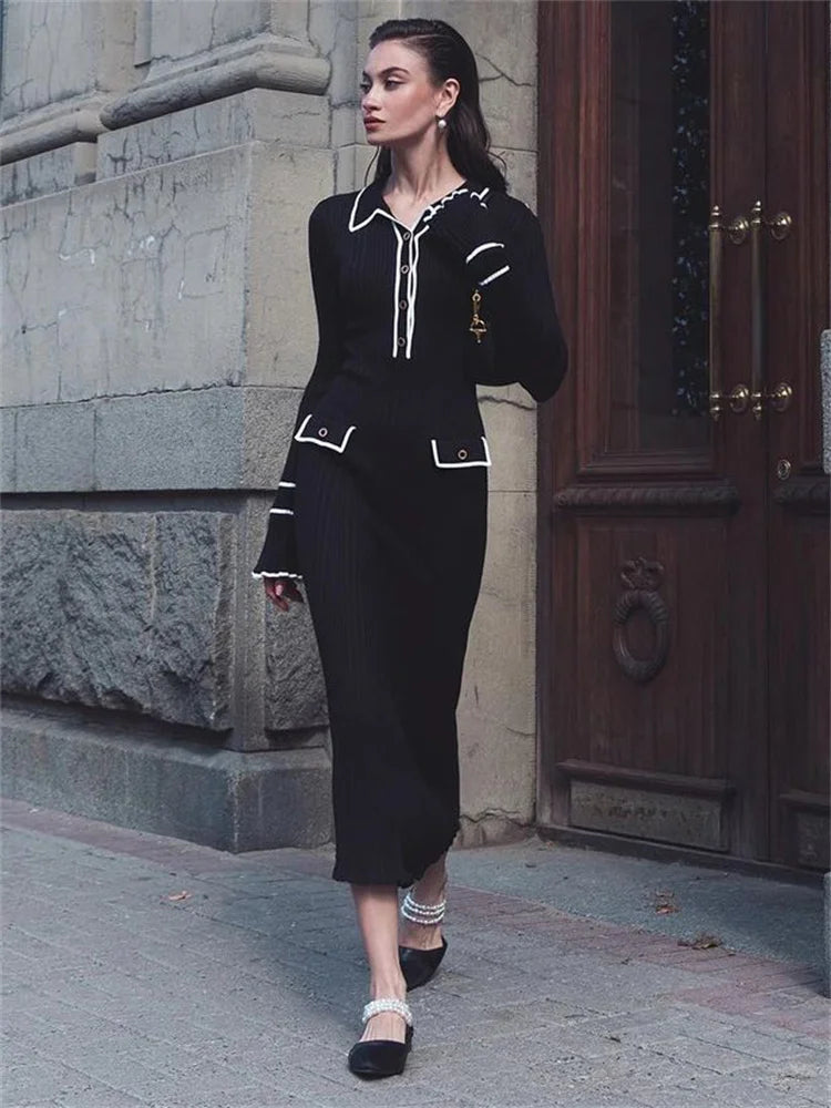 Ruffled Knit Dress Ribbed Contrast Long Sleeve High Waist Lapel Gown Dress Knit Ladies Maxi Dress