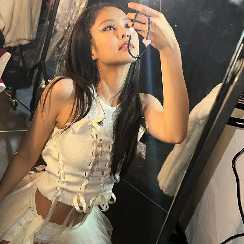 White Bow Cross Ribbed Slim Top
