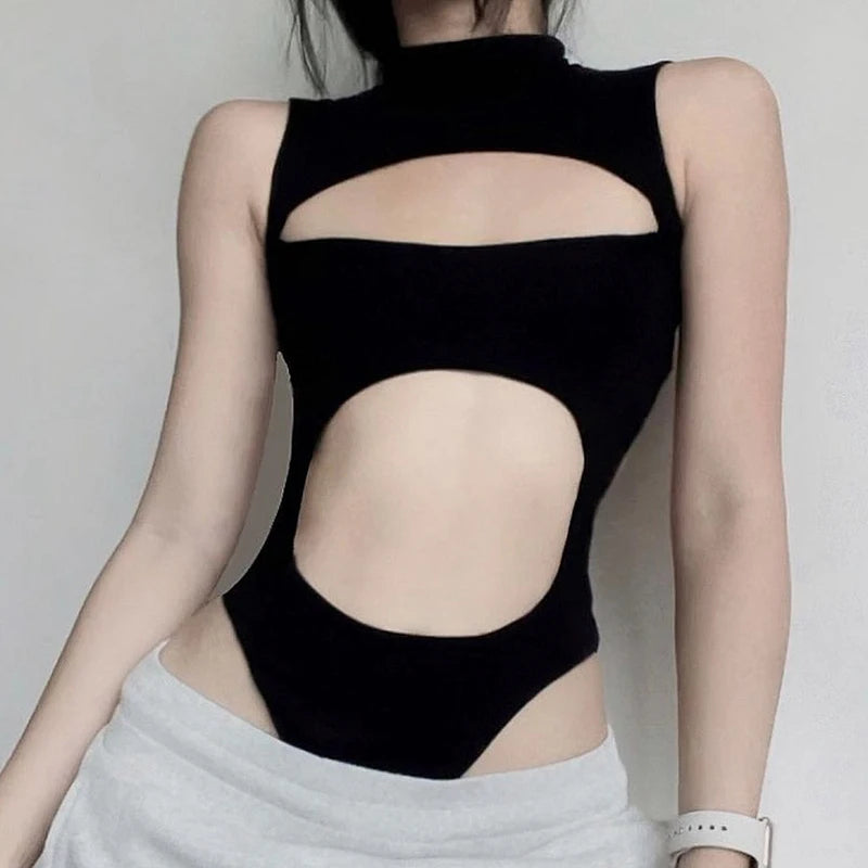 Hollow Out Black Bodysuits Backless Crewneck Sleeveless Slim
