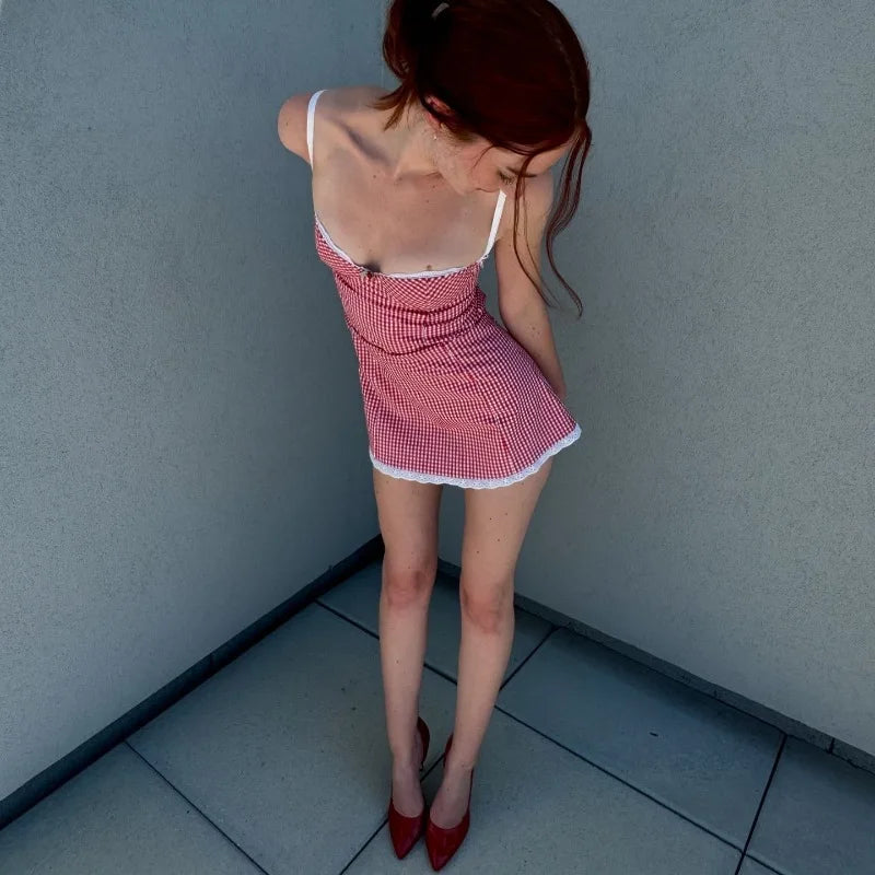 Plaid Lace Mini Backless Slim Dress