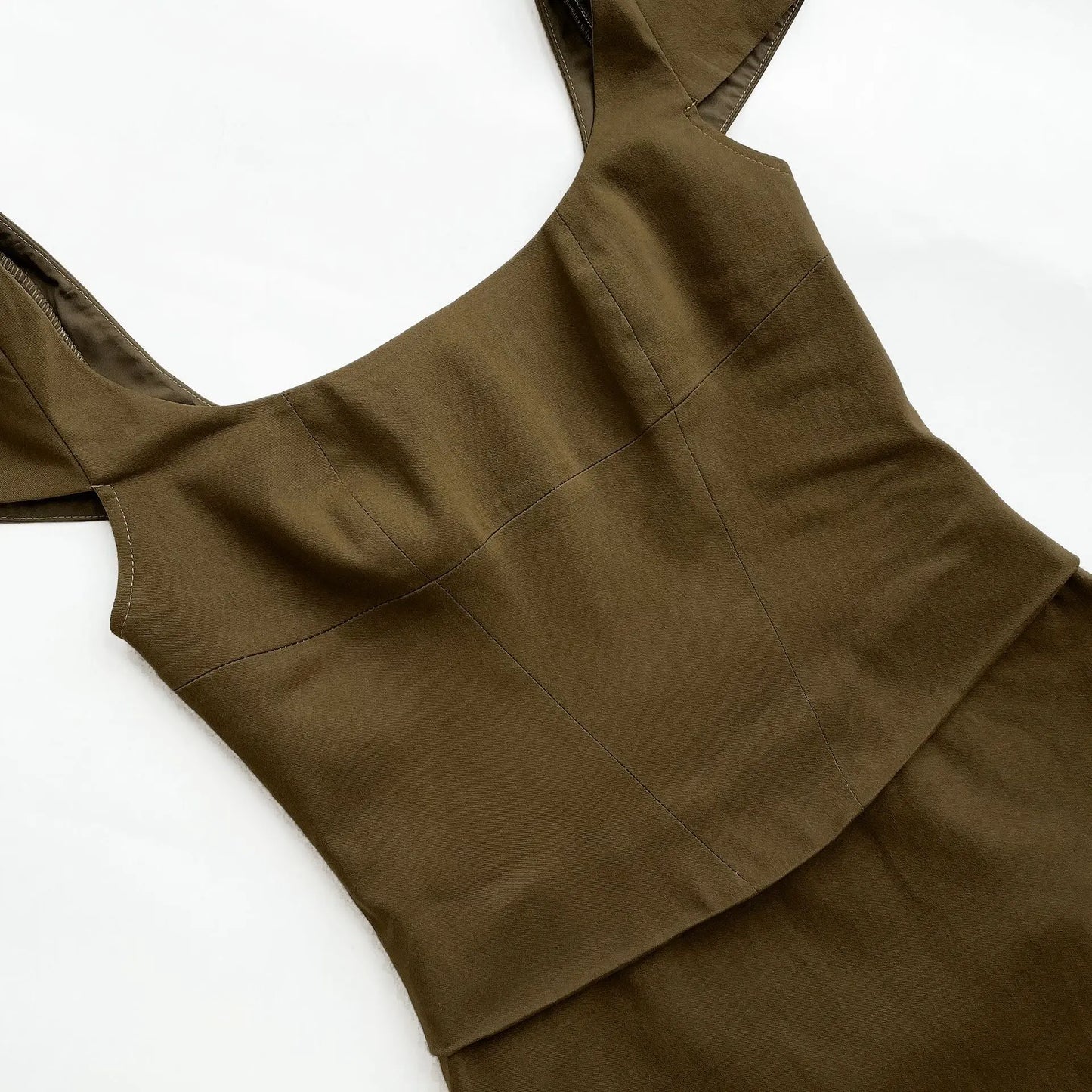 Knee Length Midi Dress Olive Green One Piece Dress Slim Square Neck and Cape Sleeve Office Lady Dress