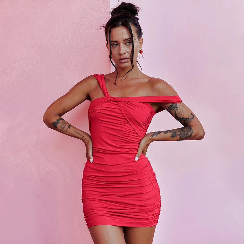 'S Spring And Asymmetric One-Shoulder Camis Color Twisted Shrink Pleated Package Hip Dress