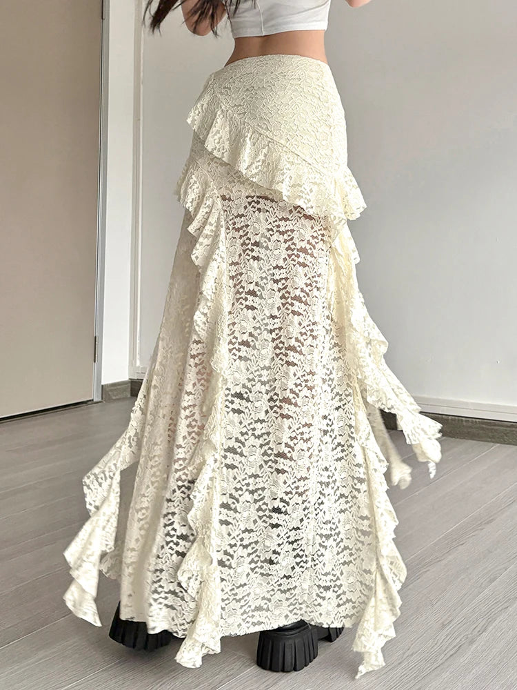 Irregular Ruffles Lace Patchwork Skirt