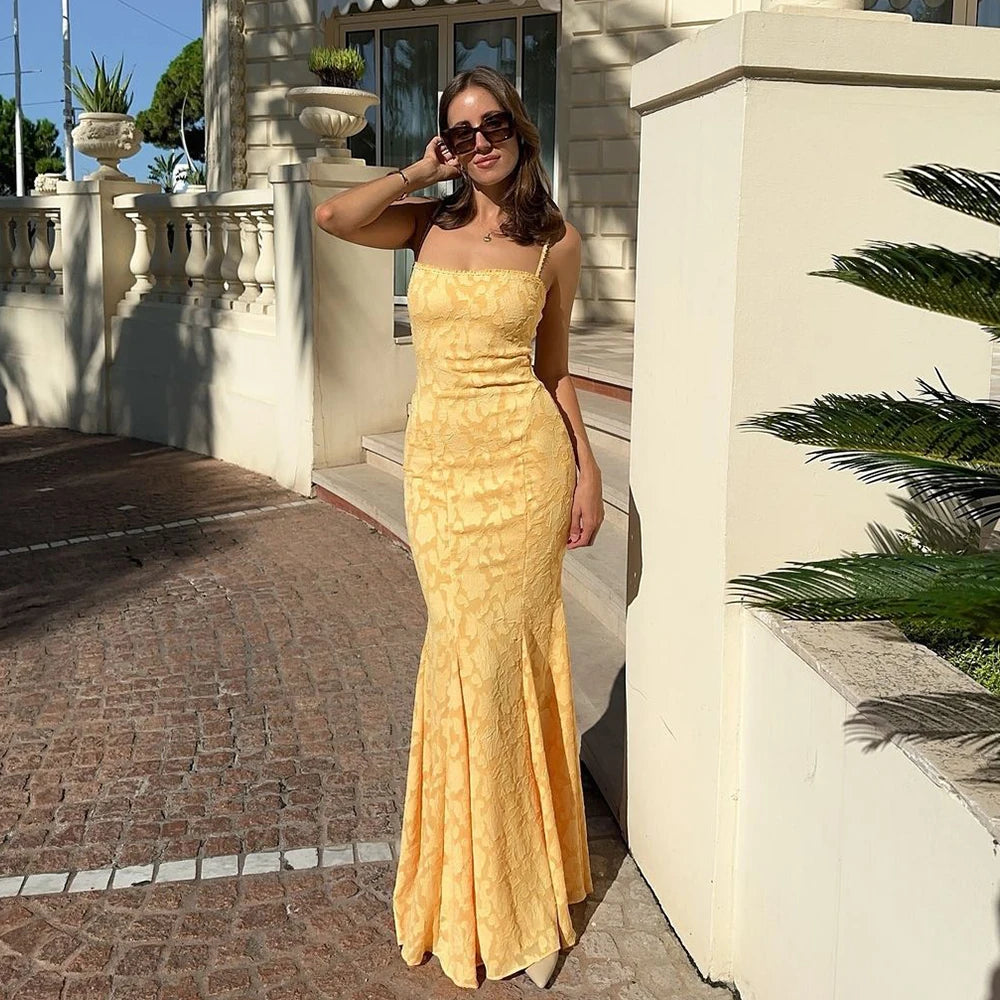 Square Neck Backless Suspender Dress with Hip Wrap Slim Fit Fish Tail Long Retro Evening Dresses