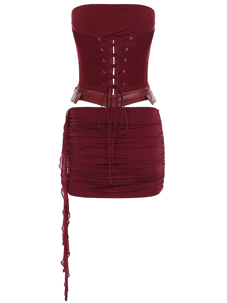 Backless Wine Two Pieces of Sets Harajuku Vest and Mini Skirts Lace Up