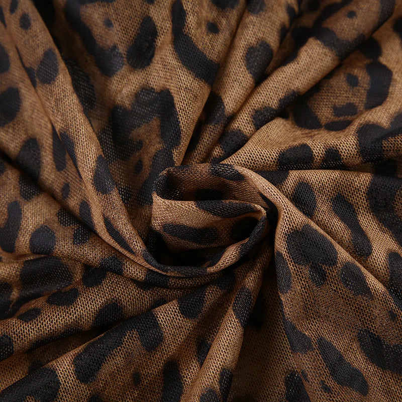 Leopard Meh Ruch Tee Shirt Lace-up Long Sleeve Brown