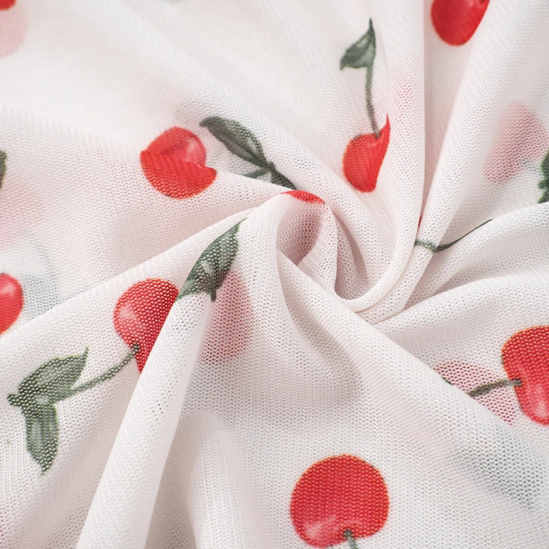 'S Spring/ Cherry Print Cake Edge See-Through Mesh Flare Pants tie Girls hearts