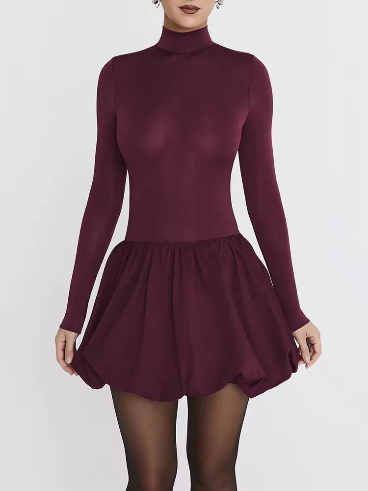 Patchwork Turtleneck Long Sleeve Mini Dress Burgundy High Waist A-line Dress Slim Street