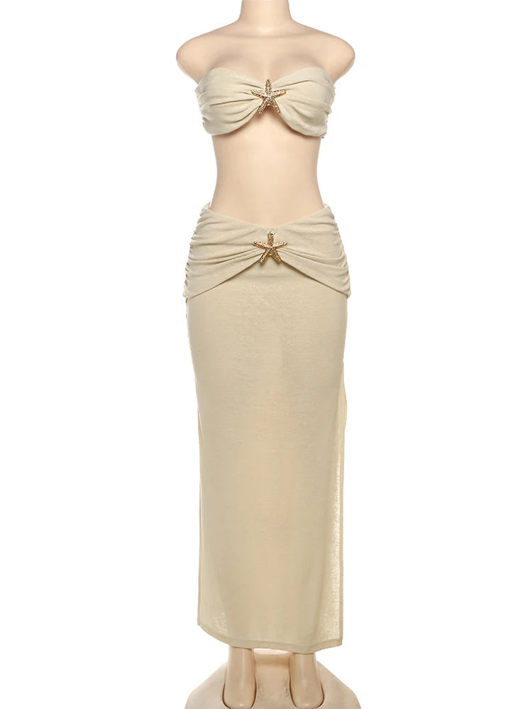 Starfish Decoration 2 Piece Set Lace-Up Backless Strapless Top Ruche Long Skirts